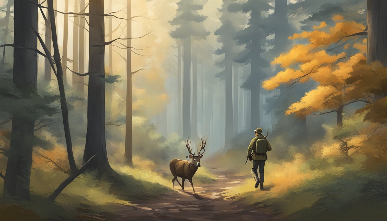 A lone hunter tracking a deer through a dense forest, respecting the principles of fair chase in hunting