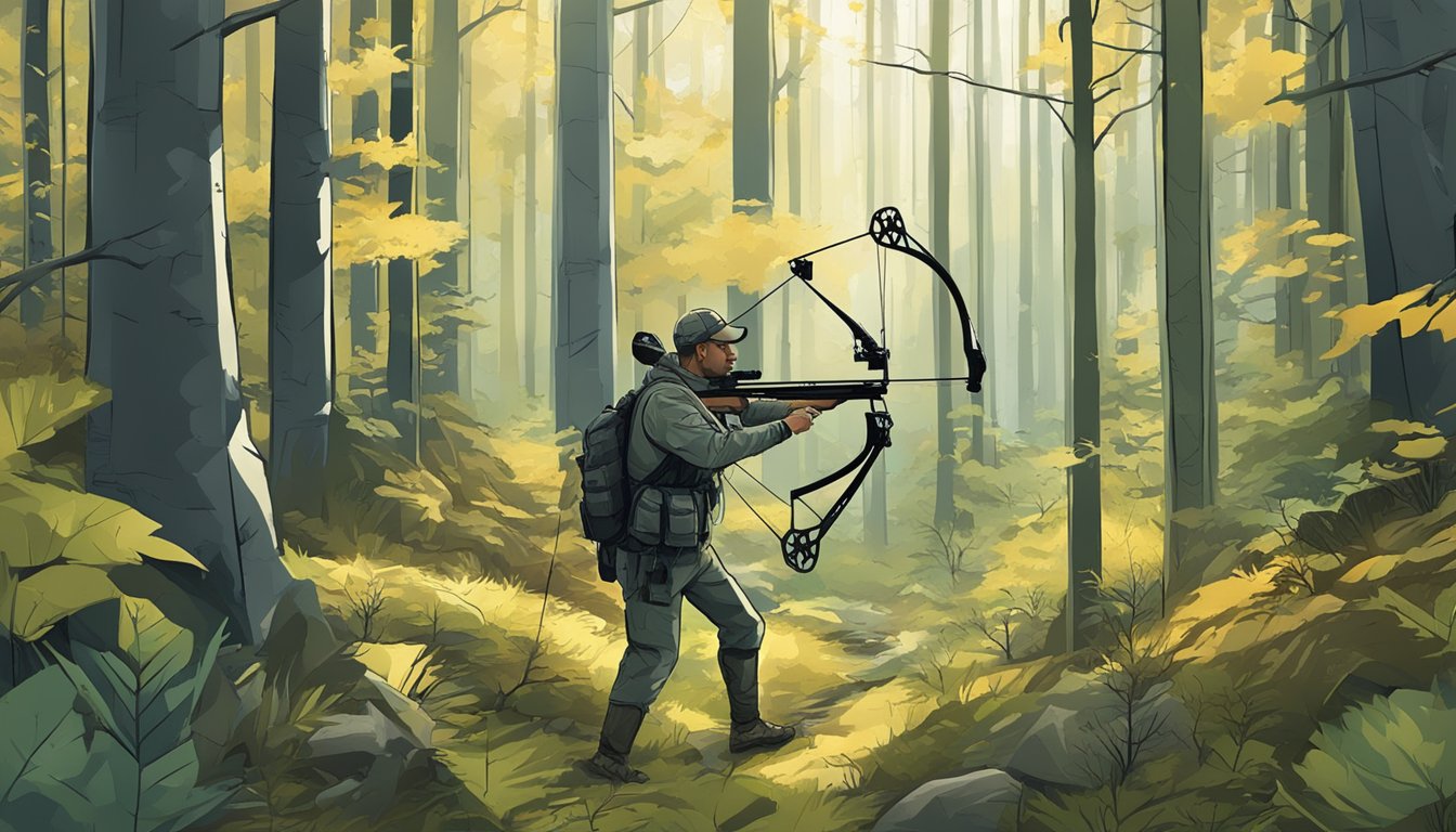 A hunter using a high-tech compound bow, GPS, and trail cameras to track and take down game in a dense forest