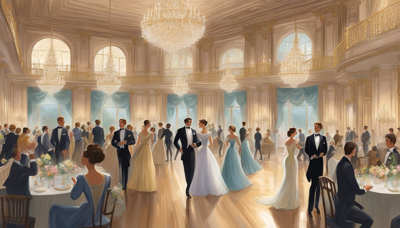 A grand ballroom with chandeliers, couples waltzing, and elegant attire. Outdoor scenes include horse-drawn carriages, hunting dogs, and riders in formal attire