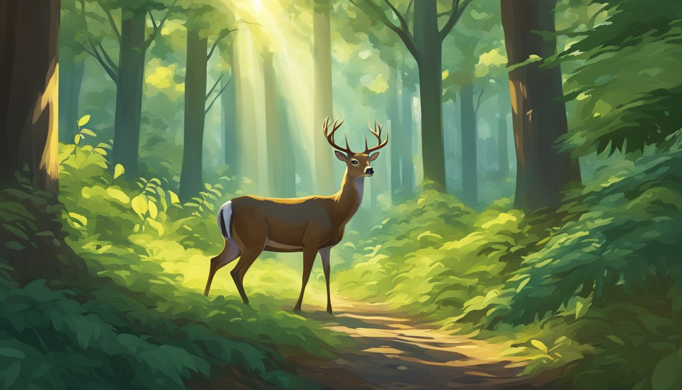 A deer cautiously steps through a dense forest, surrounded by vibrant greenery and tall trees. The sunlight filters through the leaves, casting dappled shadows on the forest floor