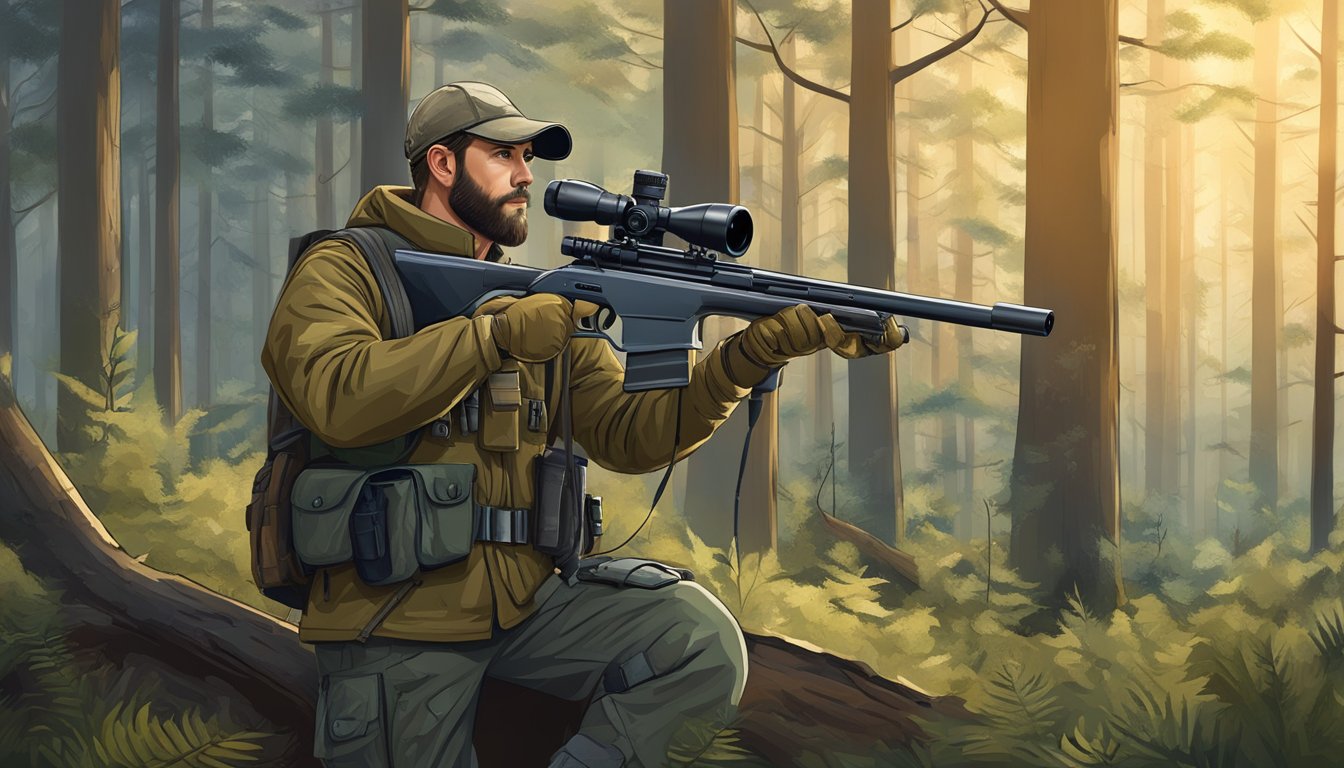 A hunter using a high-powered rifle with a scope, standing in a forest with a trail camera and GPS device