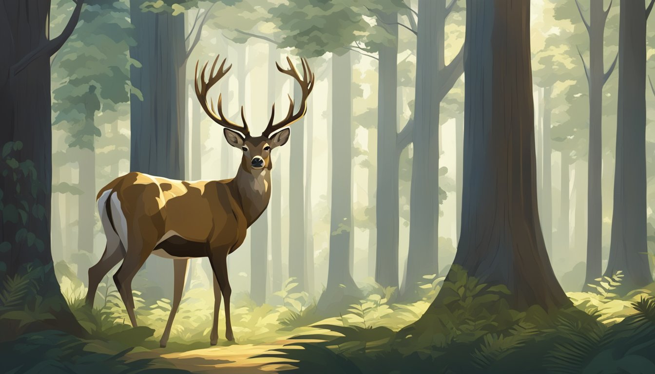 A majestic deer stands alert in a dense forest, surrounded by towering trees and dappled sunlight, embodying the concept of fair chase in hunting