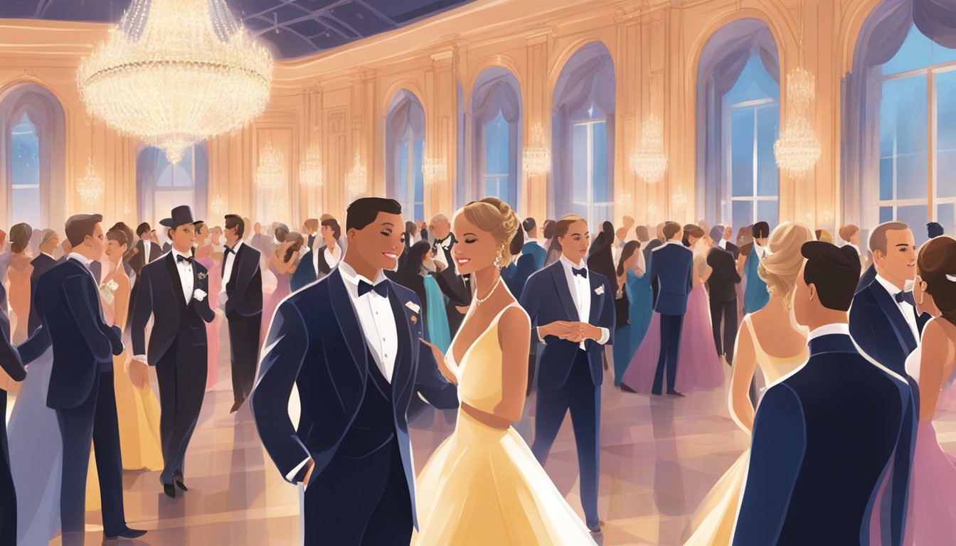 A grand ballroom filled with elegantly dressed guests mingling and dancing under the soft glow of chandeliers