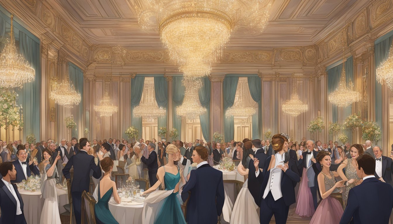 A grand ballroom adorned with chandeliers and ornate decor, filled with elegantly dressed attendees engaged in lively conversation and dancing