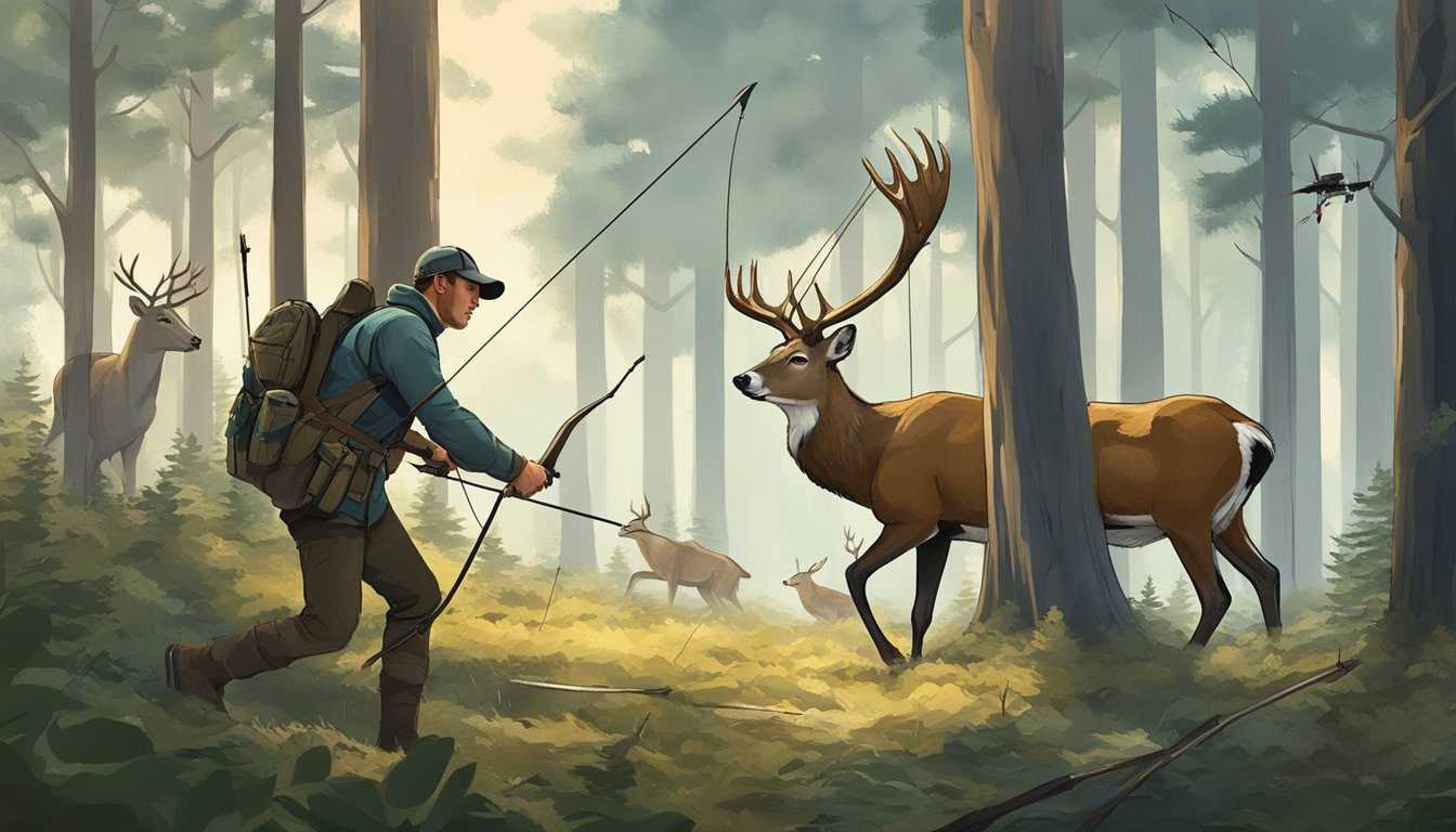 A traditional hunter uses a bow and arrow to stalk a deer through a forest, while a drone hovers overhead monitoring the animal's movements