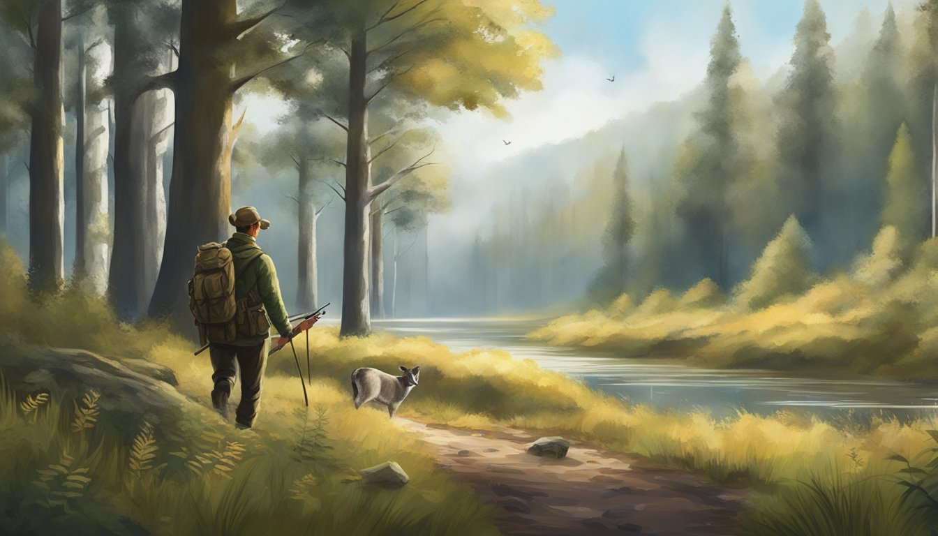 A hunter walking through a forest, bow in hand, observing wildlife from a distance. The scene is peaceful and harmonious, with a focus on the natural environment