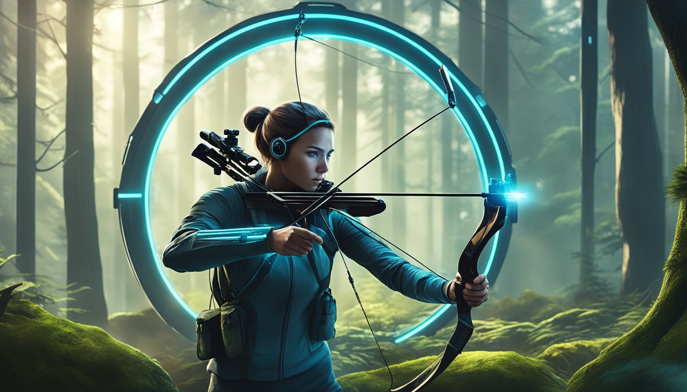 A hunter uses a high-tech bow with integrated sensors, targeting a virtual prey projected onto a holographic screen in a futuristic forest setting