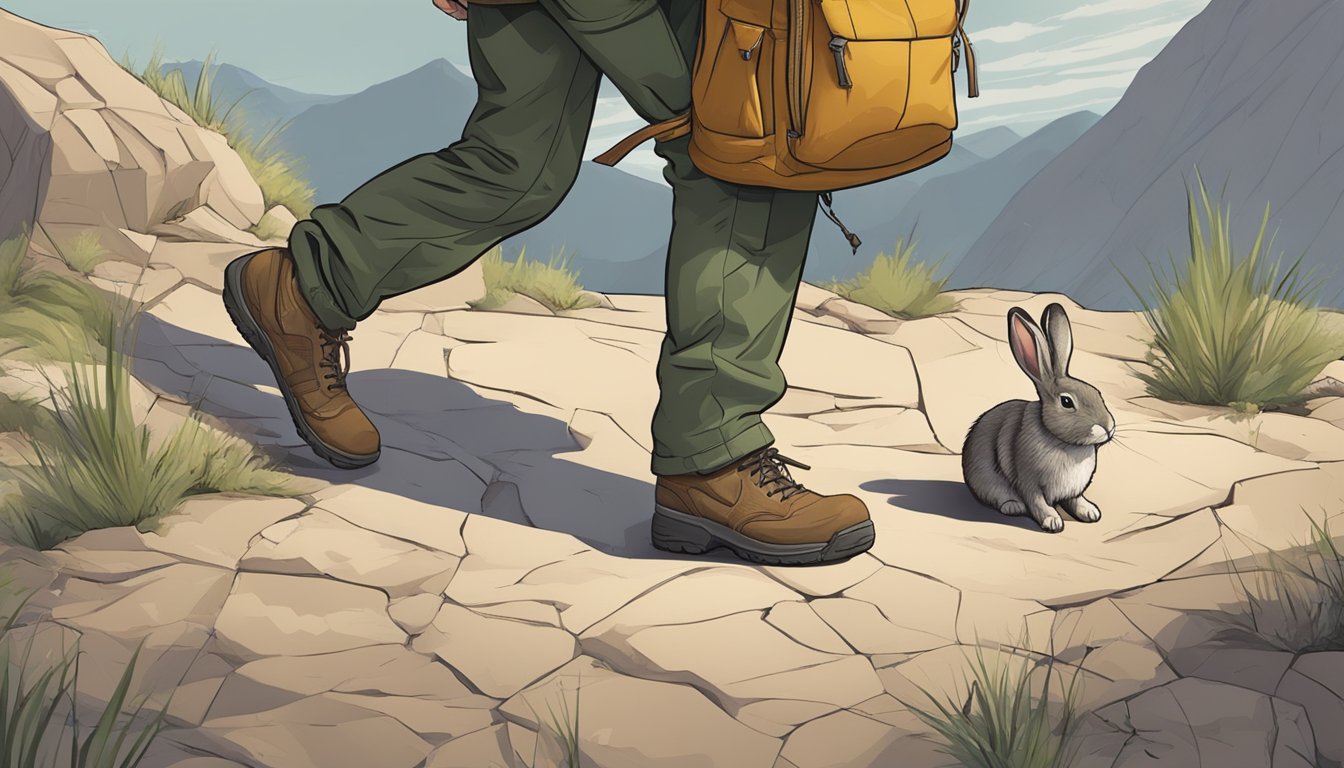 A hunter cautiously avoids stepping on cracks in the ground, while a rabbit's foot hangs from their backpack