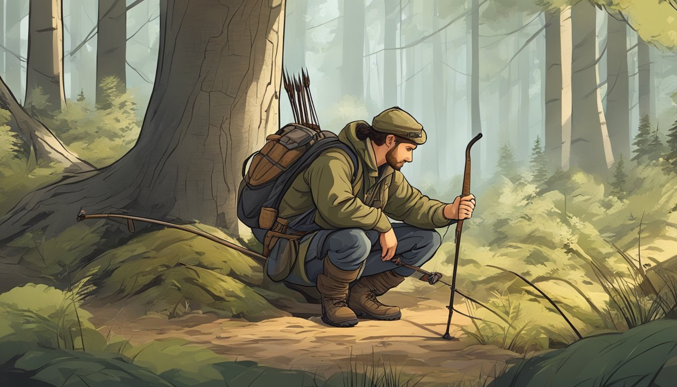 A hunter crouches in the forest, studying animal tracks in the earth. Nearby, a handmade bow and arrows lean against a tree