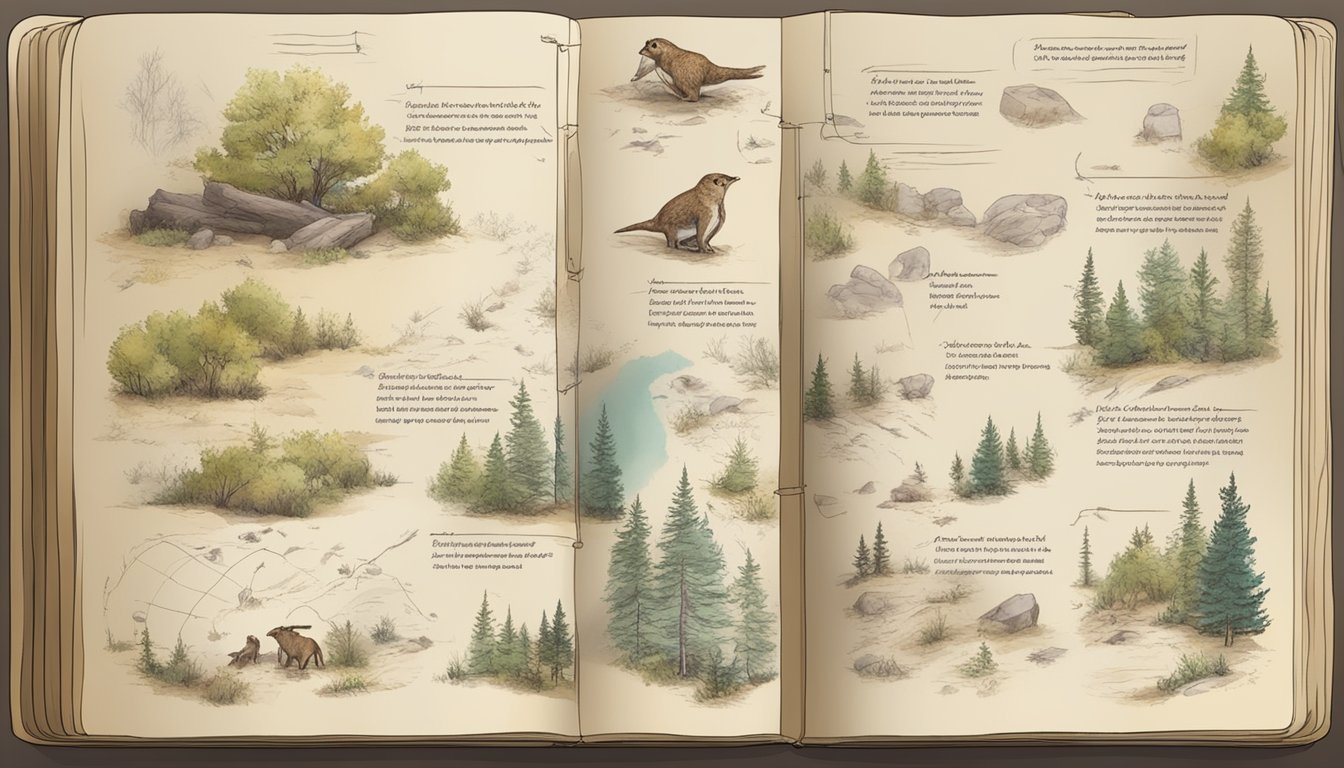 A hunter's journal with detailed notes and sketches of animal tracks and behavior