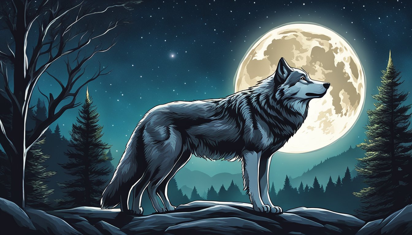 A wolf howling at the full moon, surrounded by a dense forest and a clear night sky