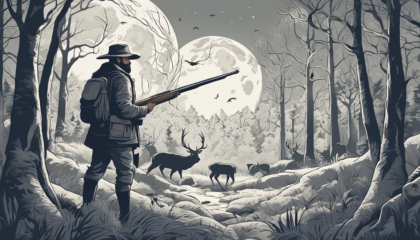 A hunter surrounded by traditional hunting symbols in a forest clearing. A full moon casts eerie shadows on the ground