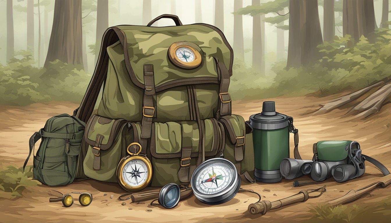 A hunter's backpack with compass, map, and binoculars, alongside a set of footprints in the dirt leading into the forest