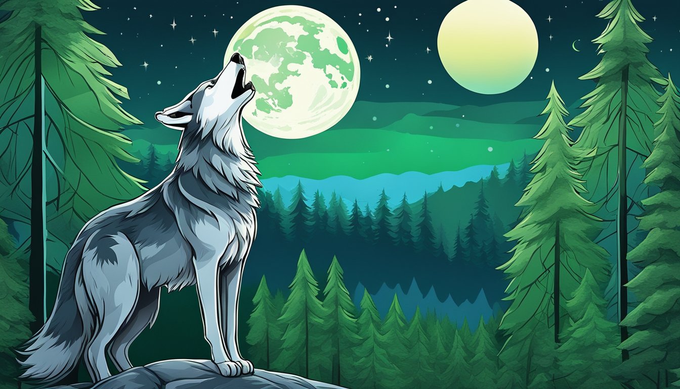 A wolf howling at the full moon, surrounded by a forest with different shades of green and blue to represent the different moon phases