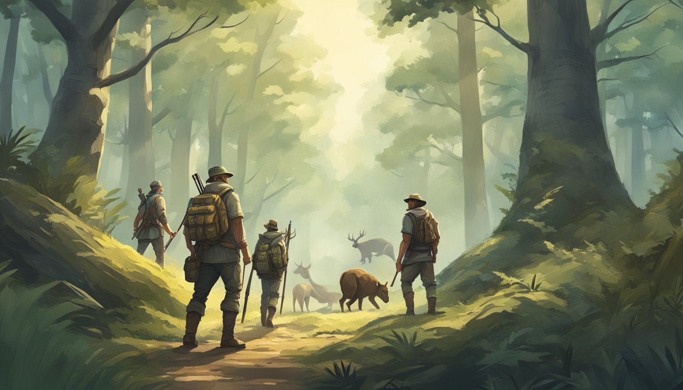 A group of ancient hunters tracking animals in a forest, with modern video game elements incorporated into the environment