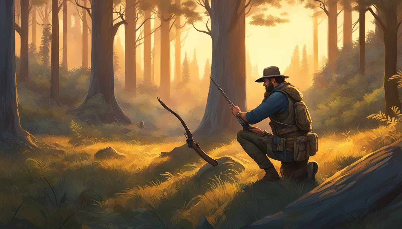 A lone hunter kneels in a forest clearing, bow in hand, surrounded by ancient trees and wildlife. The sun sets in the distance, casting a warm glow over the scene