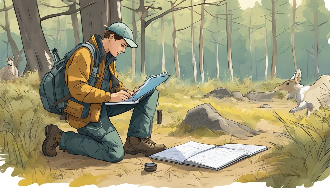 A hunter kneeling beside animal tracks, measuring and recording data in a notebook, surrounded by trees and wildlife