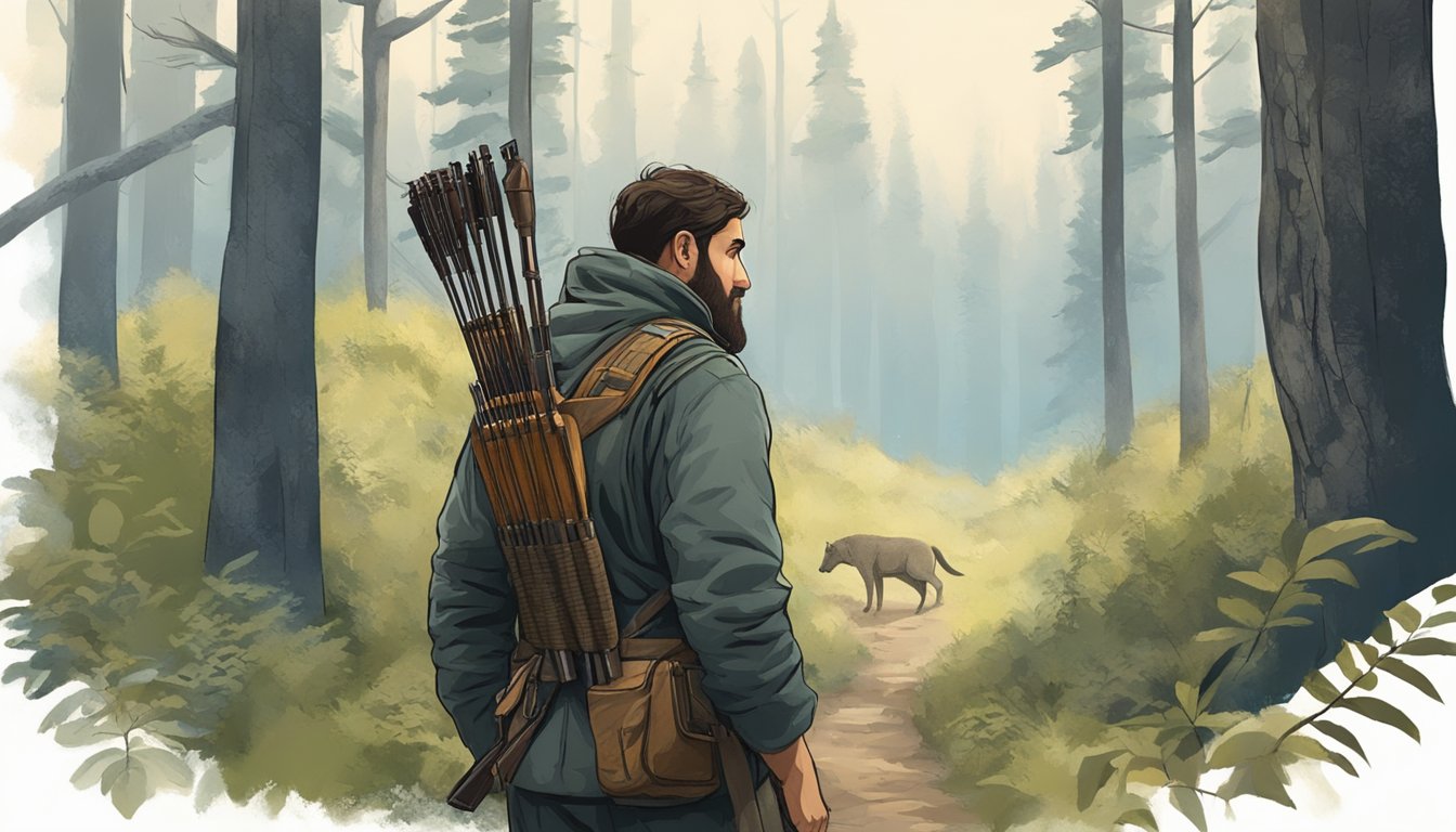 A lone hunter stands in a serene forest, bow in hand, eyes closed in reverence, connecting with nature and the spiritual significance of the hunt