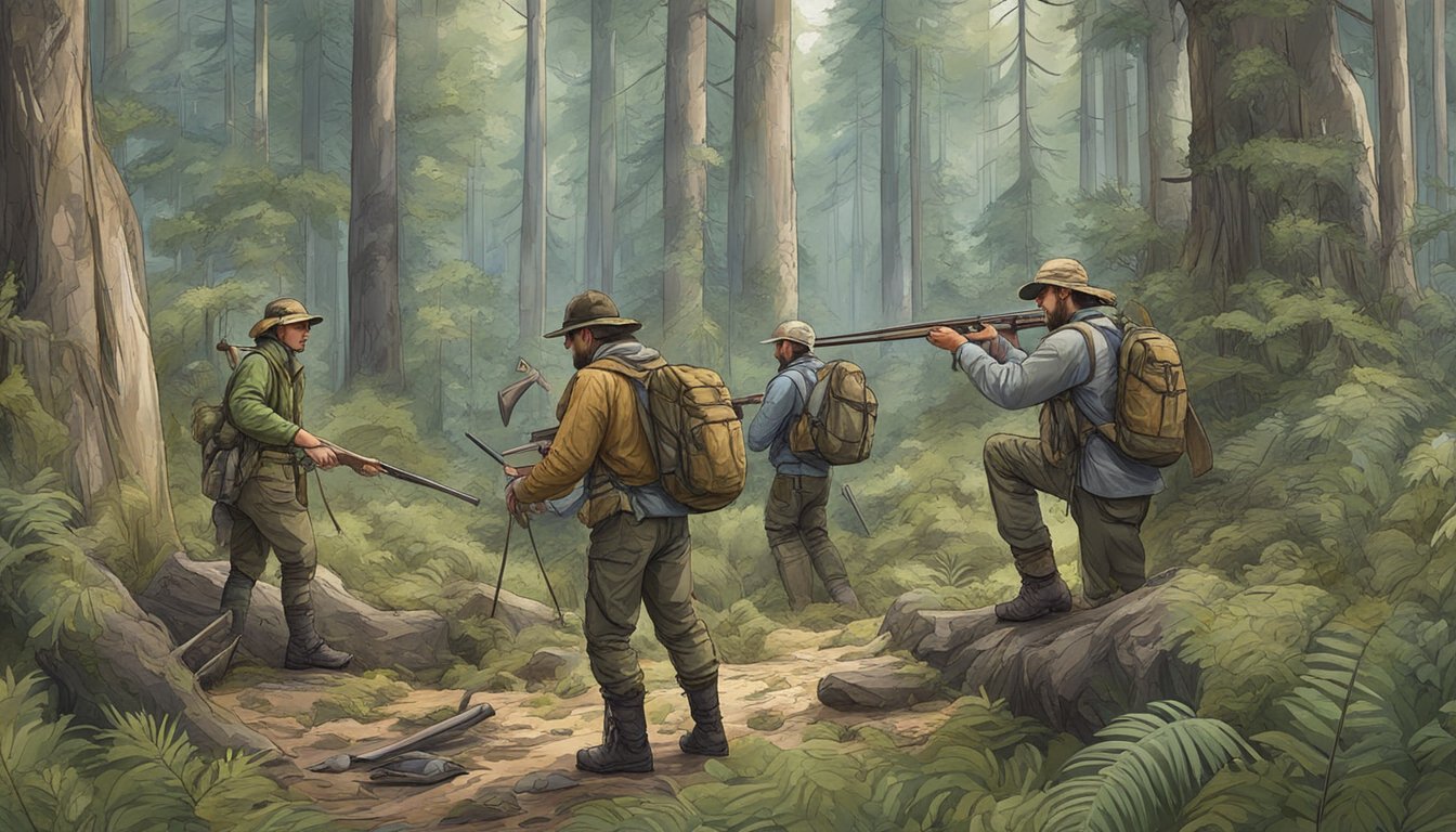 A group of hunters using ancient tools to track and capture wild game in a dense forest