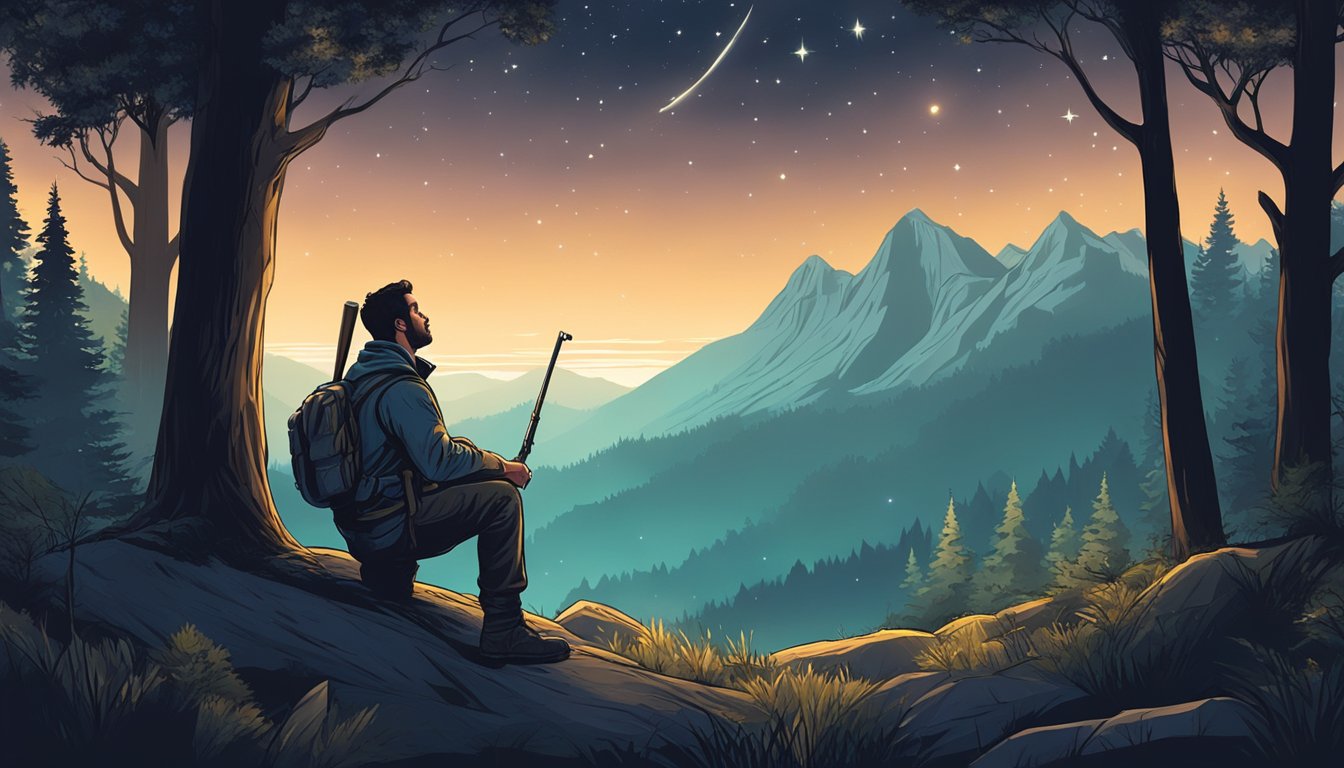 A lone hunter kneeling in a forest clearing, surrounded by the sounds of nature, gazing up at the stars in the night sky