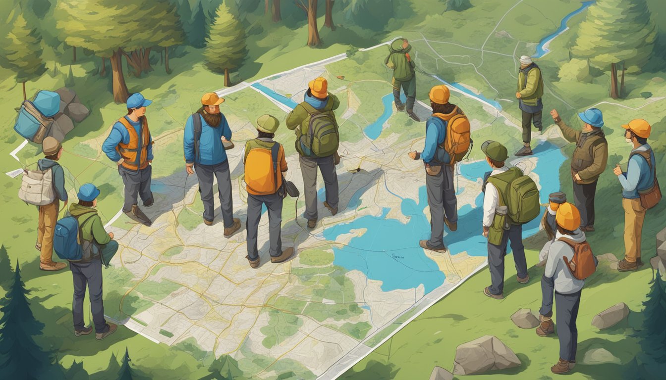 A group of people gather around a large map, pointing and discussing different routes and strategies for tracking game in the wilderness