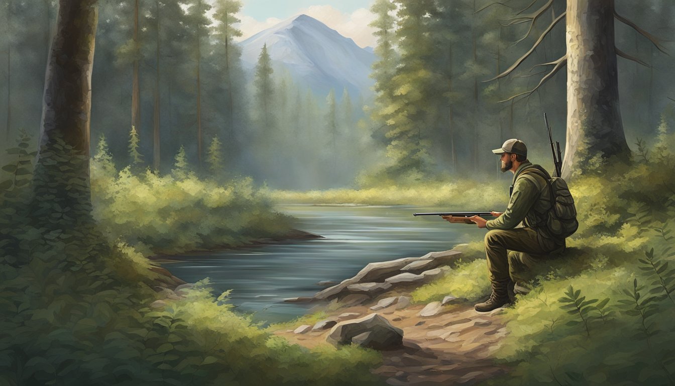 A lone hunter sits in silent observation, surrounded by the natural beauty of the forest. The stillness of the scene evokes a sense of mindfulness and connection to the spiritual aspect of hunting