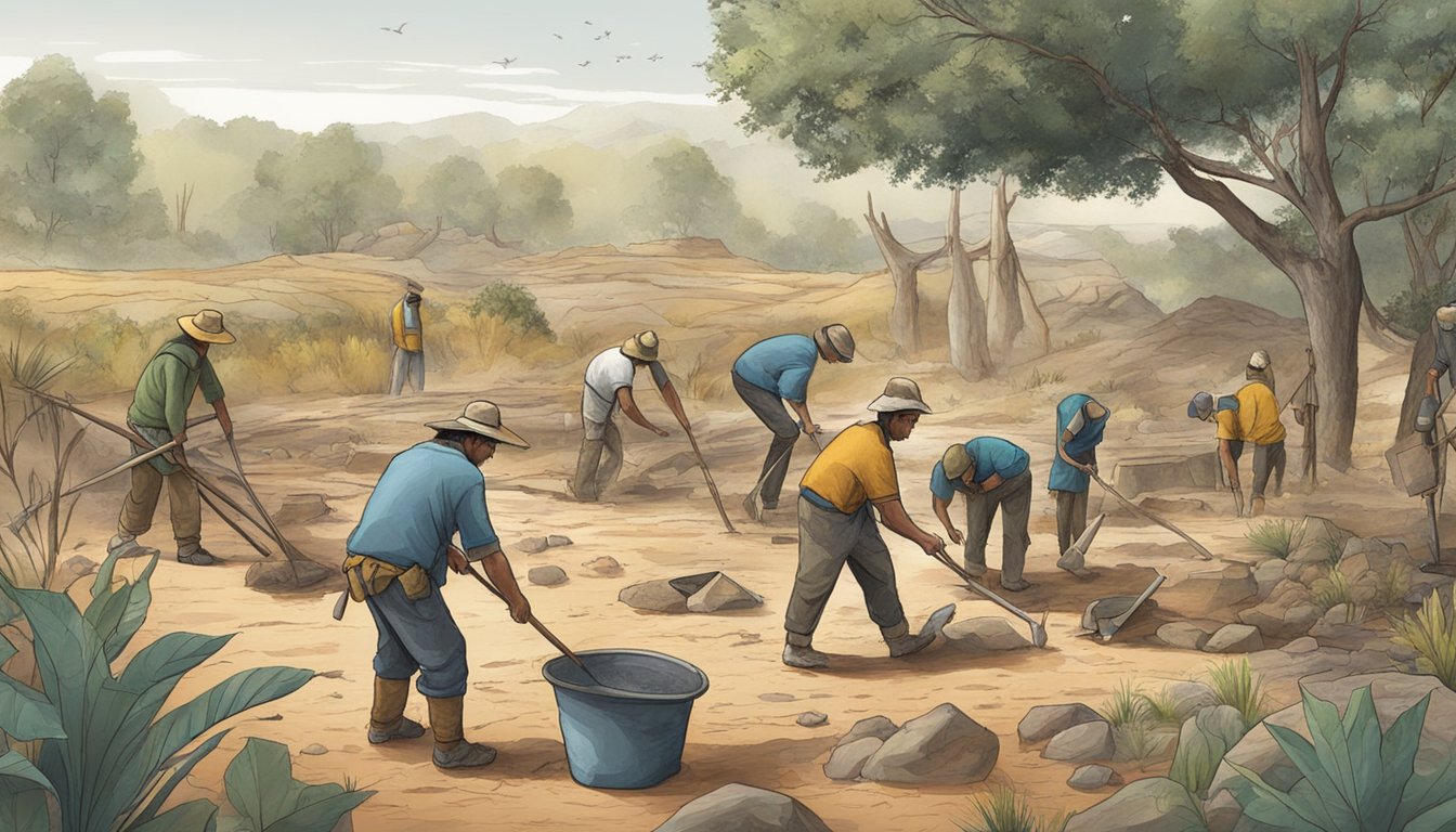 A group of archaeologists using various tools and methods to excavate a site, while a hunter observes nearby