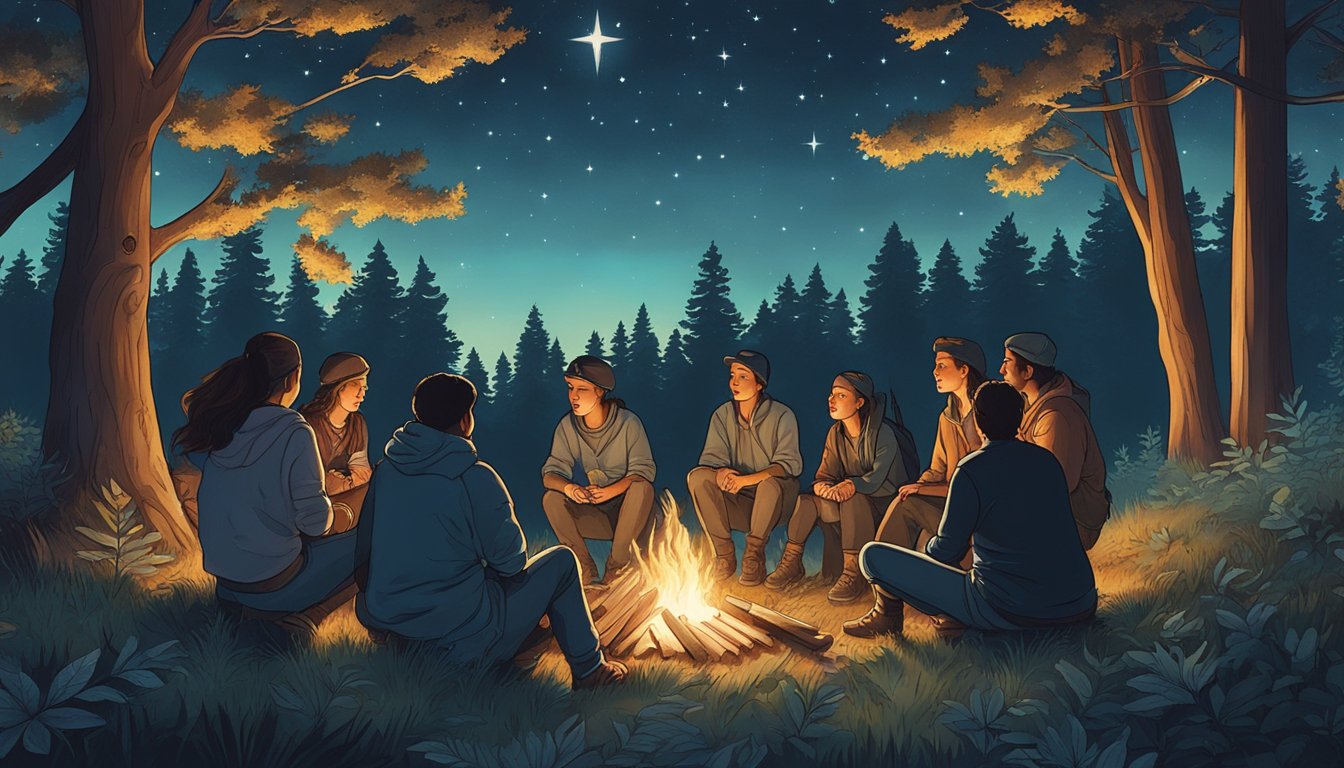 A group of individuals gather around a campfire in a forest clearing, sharing stories and experiences of hunting and spirituality. The night sky is filled with stars, creating a sense of connection and unity