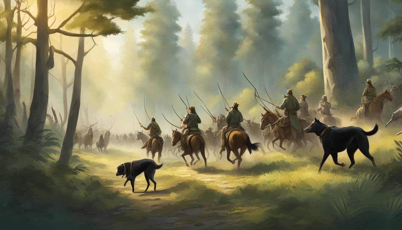 A group of ancient hunters tracking a herd of animals through a dense forest, armed with spears and bows, while their hunting dogs eagerly lead the way