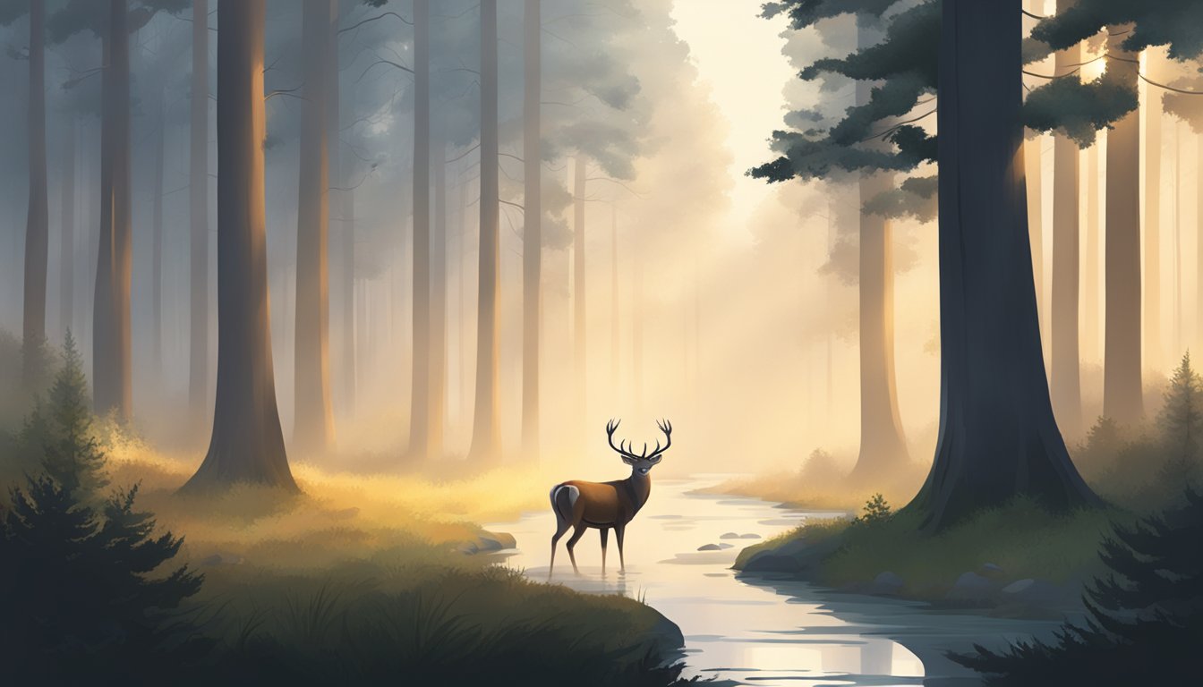 A serene forest clearing at dawn, with mist rising from the ground and a lone deer drinking from a stream, surrounded by tall trees