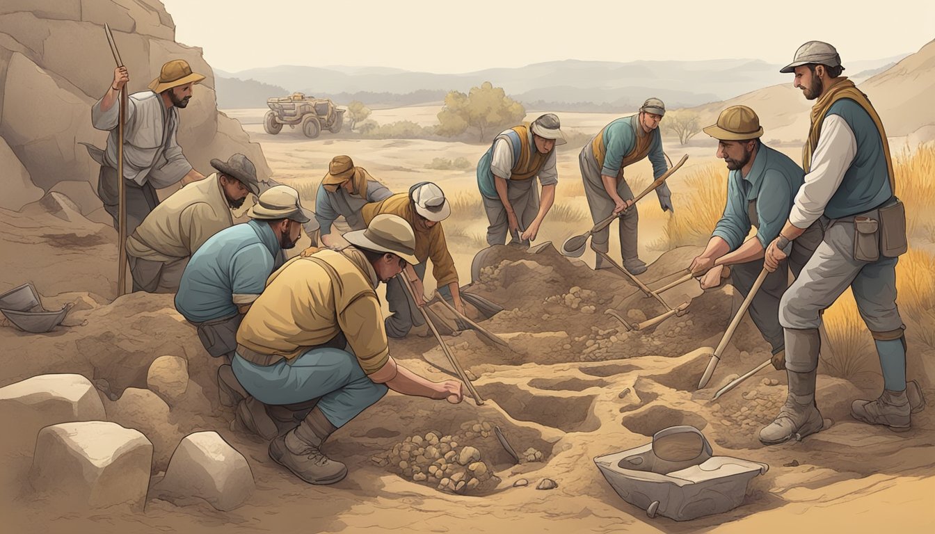 A group of archaeologists excavating a site, uncovering ancient hunting tools and animal remains