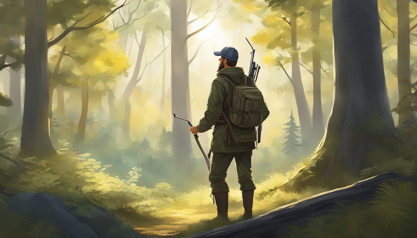 A lone hunter stands in a serene forest, bow in hand, surrounded by the beauty of nature. The sun's rays filter through the trees, creating a sense of peace and spiritual connection