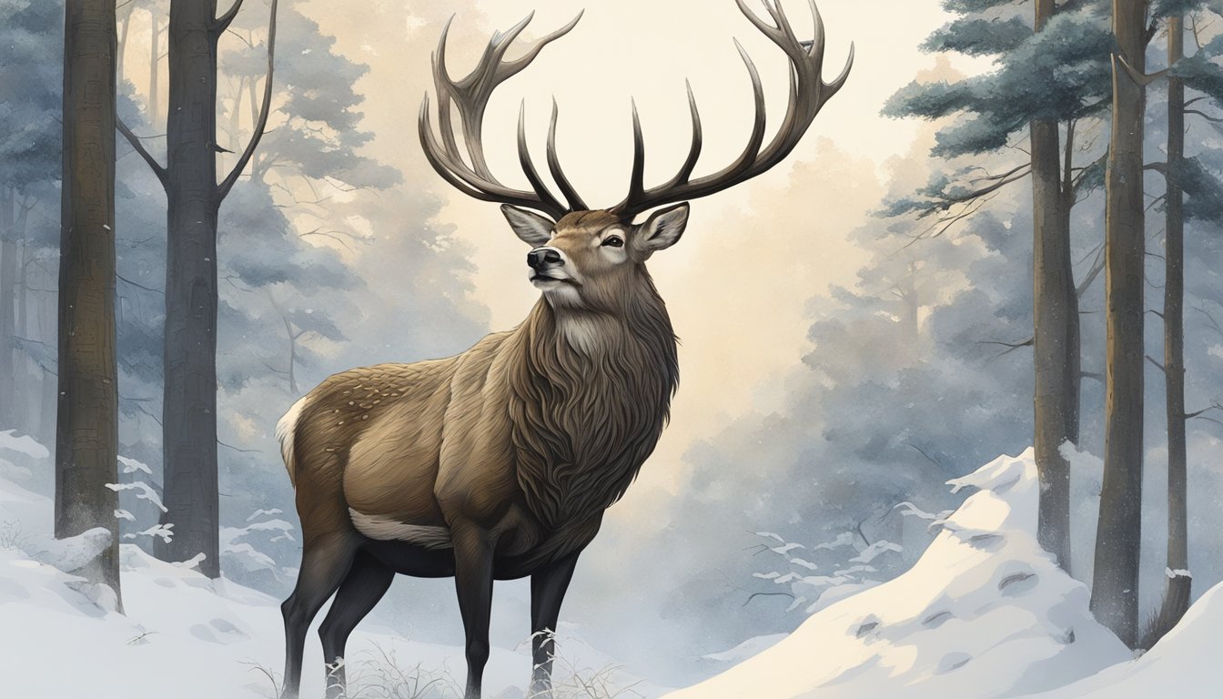 A majestic stag stands in a vast, ancient forest, surrounded by symbols of cultural and spiritual significance. The scene exudes a sense of reverence for the tradition of hunting and the legendary figures who have shaped its history