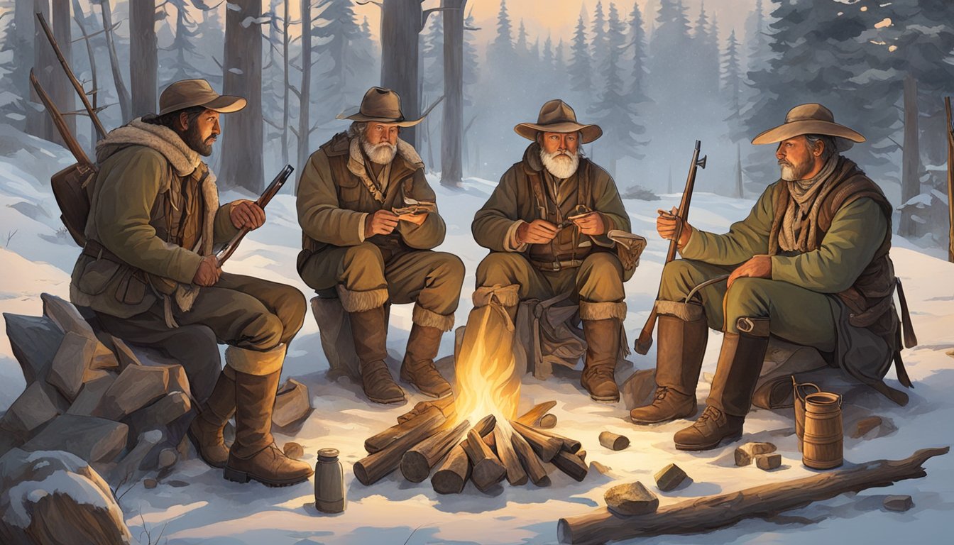 A group of hunters from different historical periods gather around a campfire, sharing stories and traditions. The scene is filled with hunting gear, artifacts, and symbols representing ethical, legal, and democratic aspects of hunting