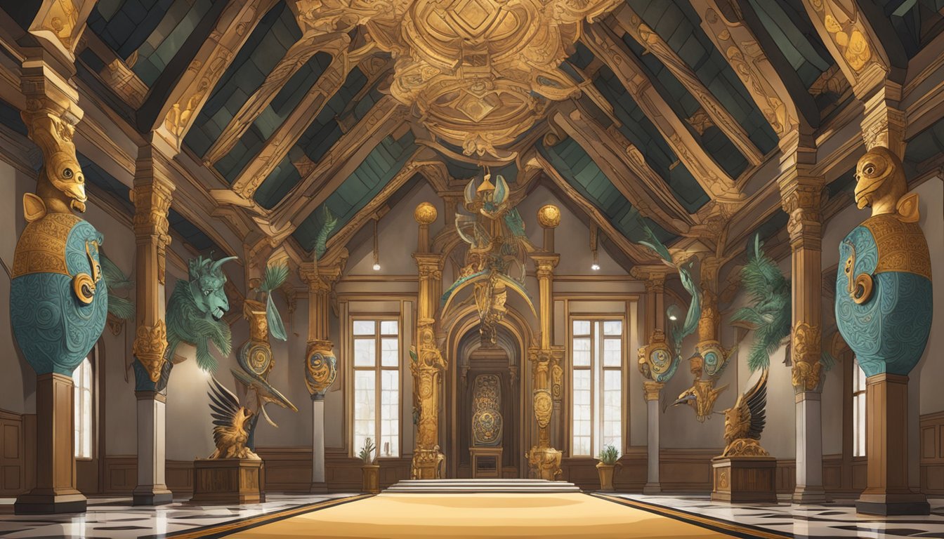 A grand hall adorned with mounted animal heads from various cultures, symbolizing power and prestige in hunting societies