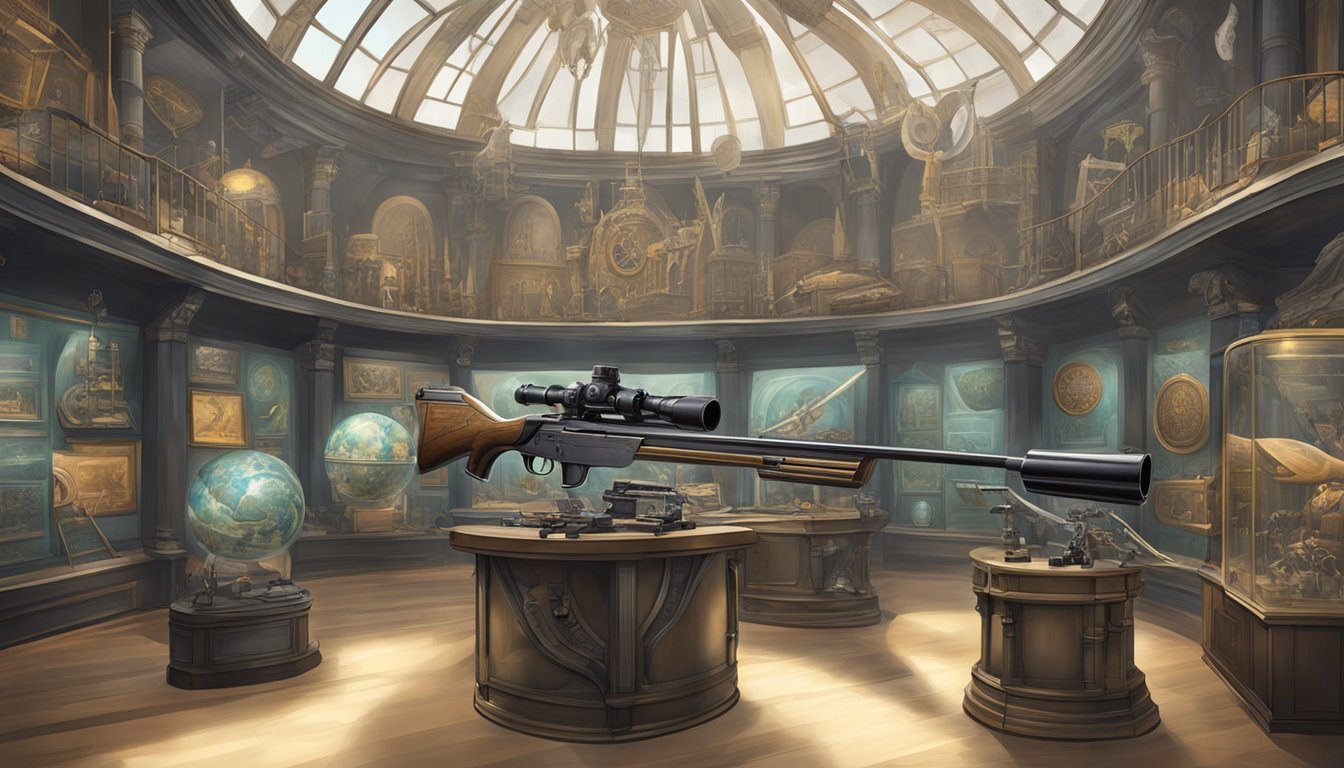 A futuristic hunting weapon displayed in a museum, surrounded by historical artifacts and images of famous hunters