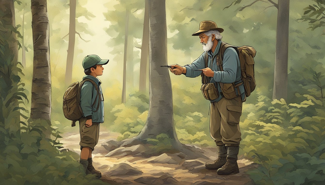 A seasoned hunter instructs a younger hunter on tracking techniques in a dense forest. The mentor's guidance is evident as they point out animal tracks and share their knowledge