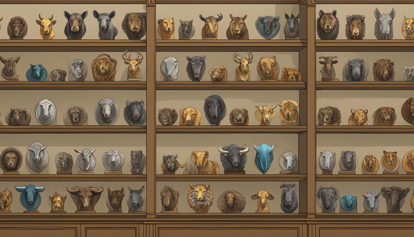 A trophy room with mounted animal heads from various cultures