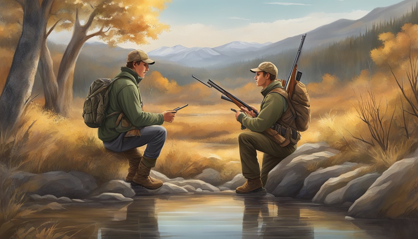 A seasoned hunter passing down knowledge to a younger hunter in a natural setting, emphasizing ethical hunting practices and conservation