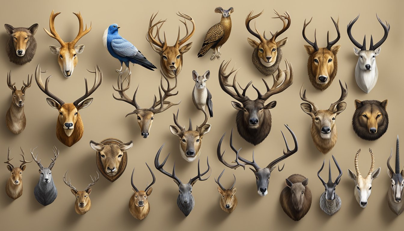 A collection of hunting trophies from various cultures displayed in a museum exhibit