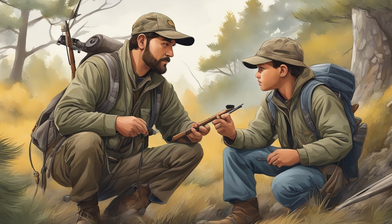 A seasoned hunter instructs a younger hunter in the art of tracking, blending into the environment, and using traditional hunting tools