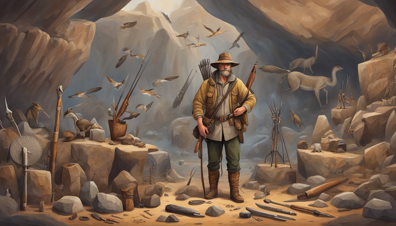 A modern hunter standing beside ancient cave paintings, surrounded by a diverse range of hunting tools and weapons from different time periods