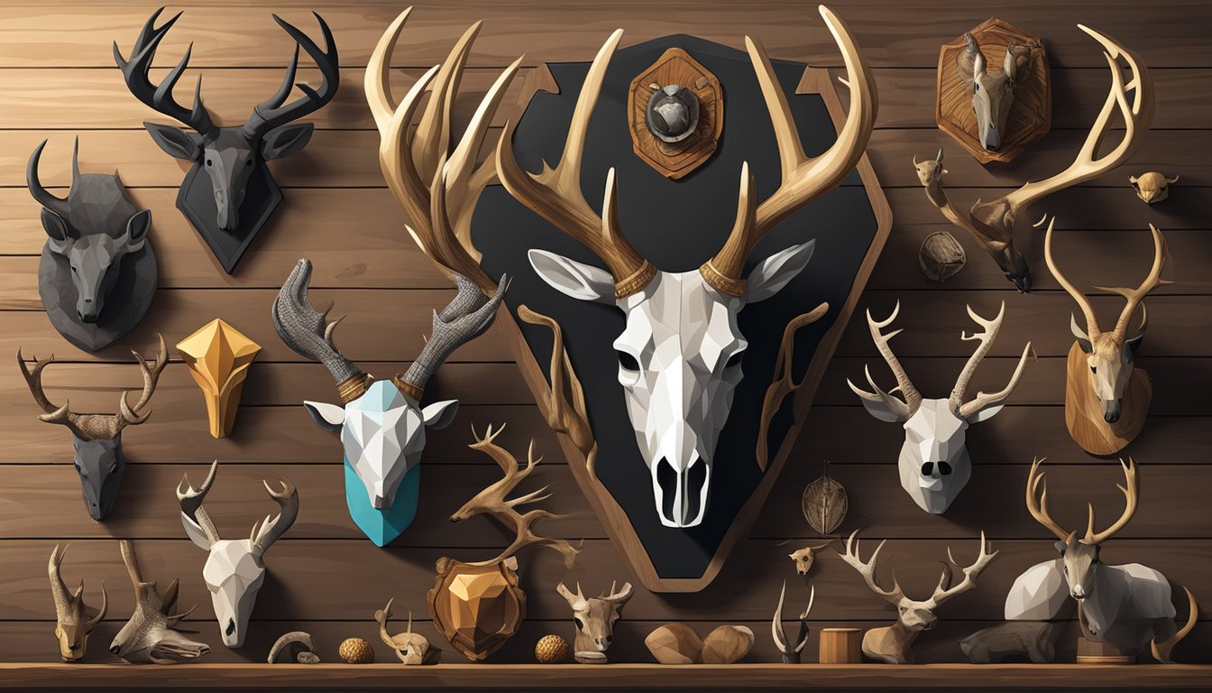 A collection of hunting trophies displayed on a wooden wall, including antlers, skulls, and other animal parts