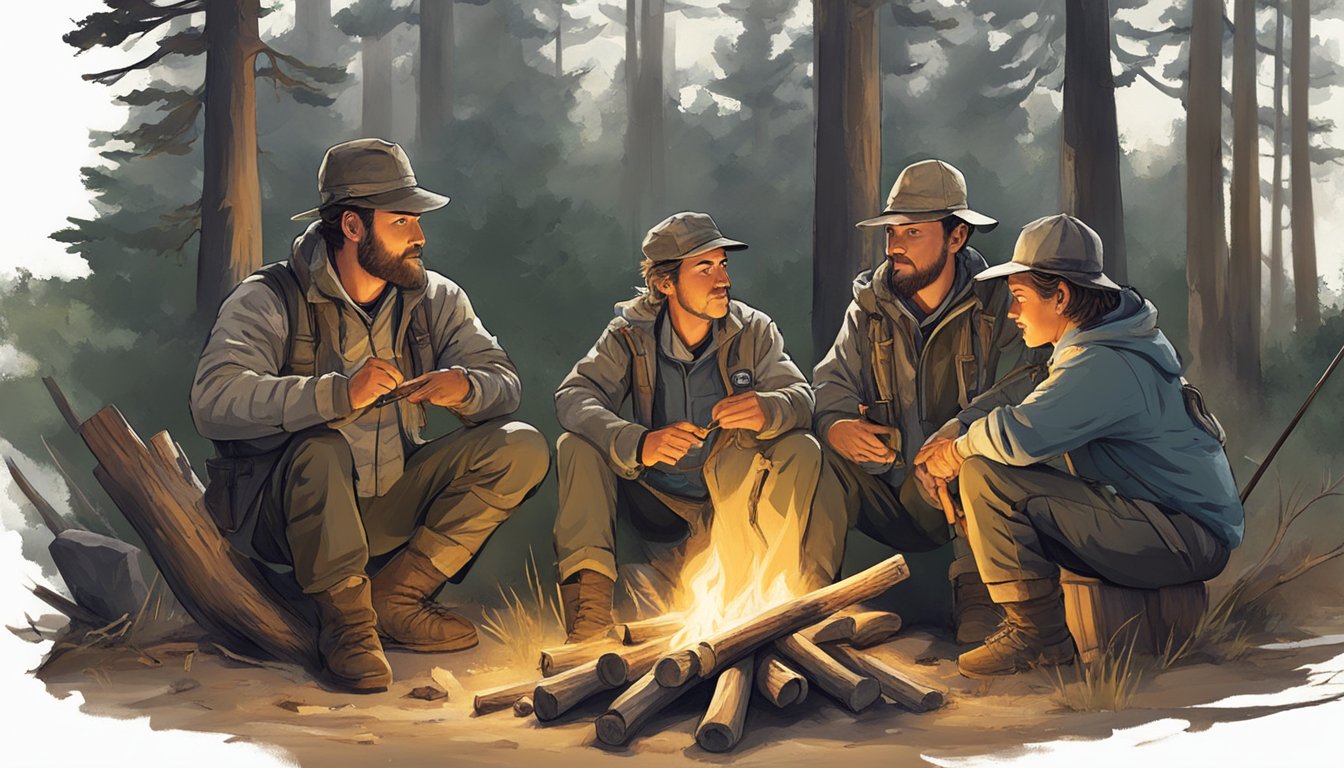 A group of hunters gather around a campfire, sharing stories and experiences. A seasoned mentor teaches a younger member about tracking techniques