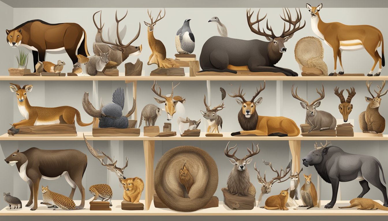 A collection of hunting trophies from various cultures displayed in a museum exhibit