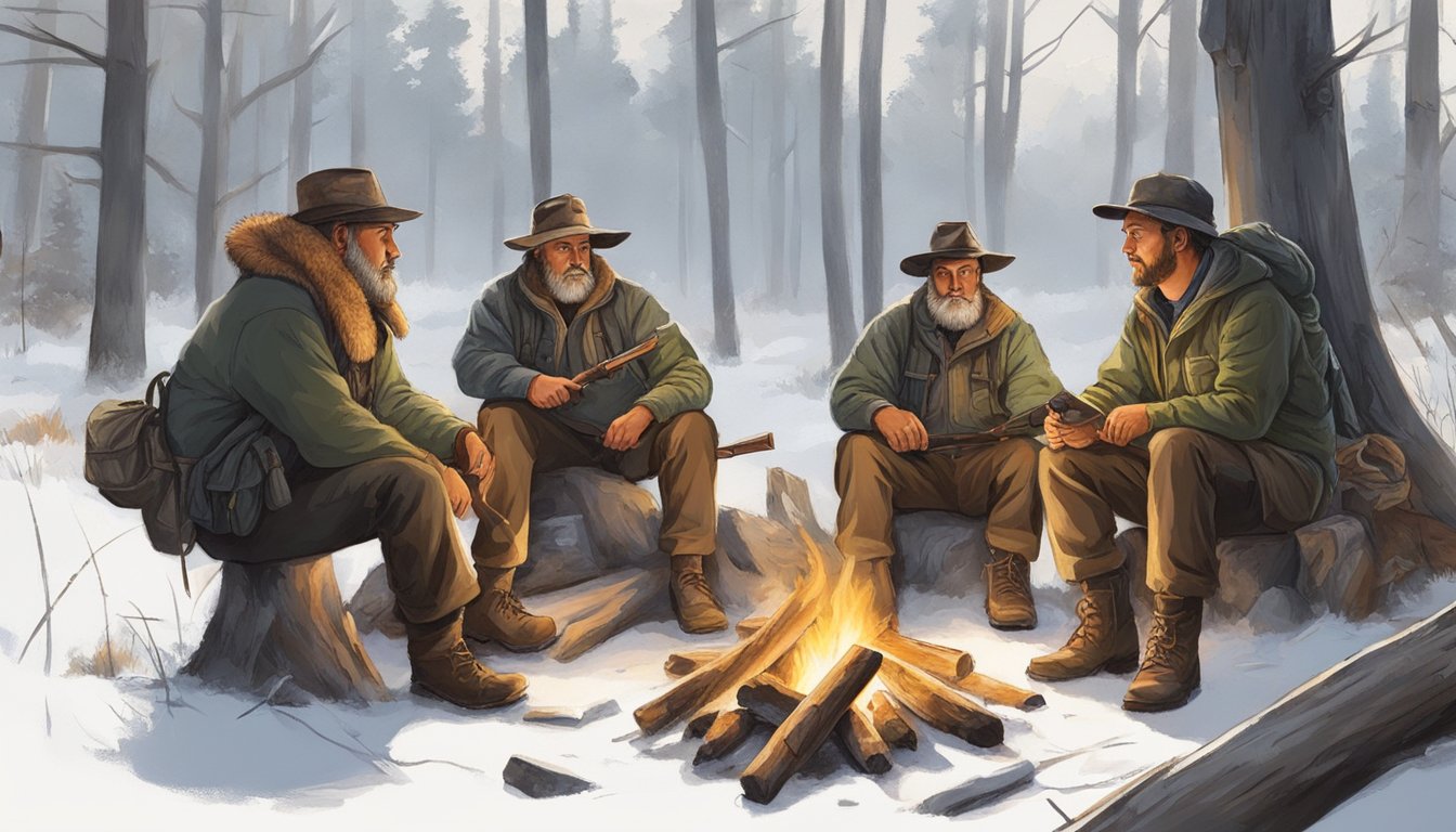 A group of hunters gather around a campfire, sharing stories and knowledge. A mentor passes down hunting regulations and legal aspects to the younger members of the community