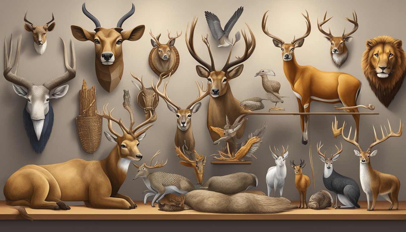 A diverse array of hunting trophies from various cultures displayed in a museum setting, symbolizing the cultural significance of sustainable hunting practices