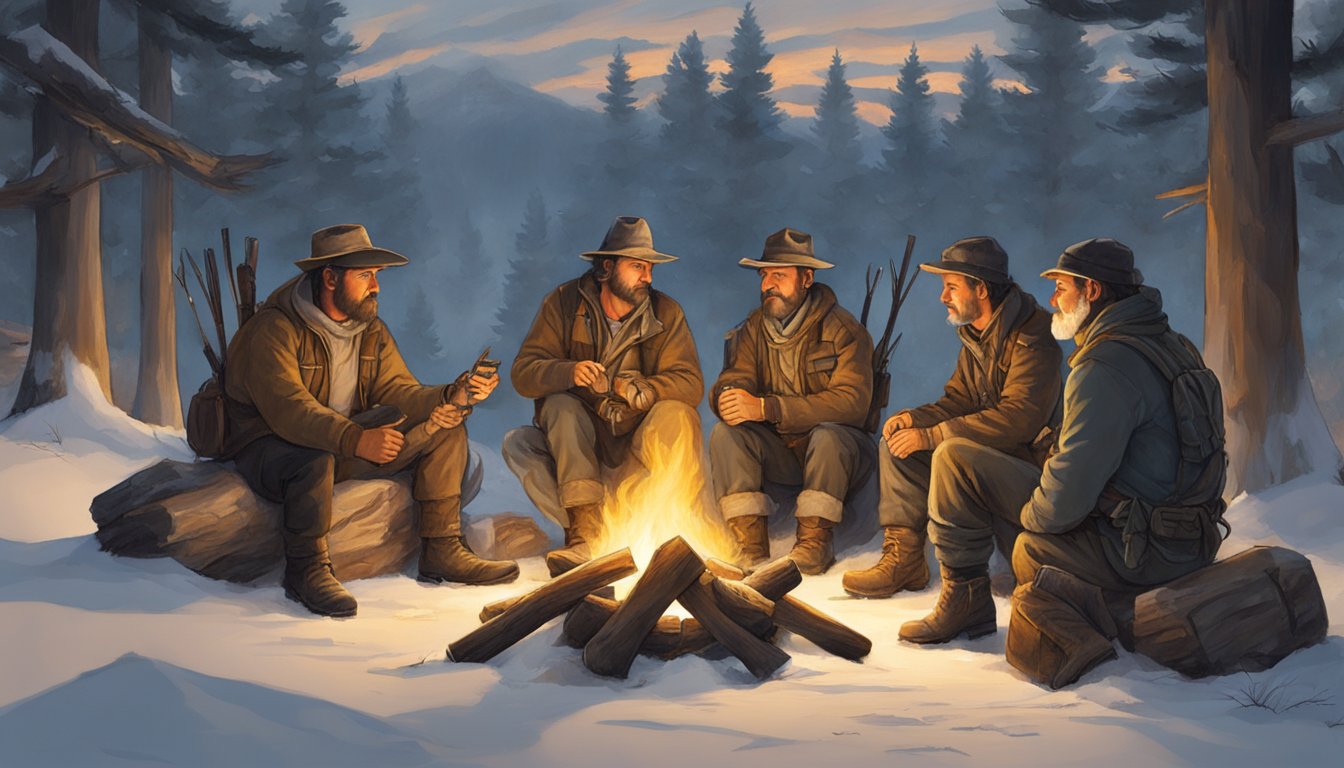 A group of hunters gather around a campfire, sharing stories and skills, passing on knowledge to the next generation. The scene is filled with camaraderie and a sense of tradition