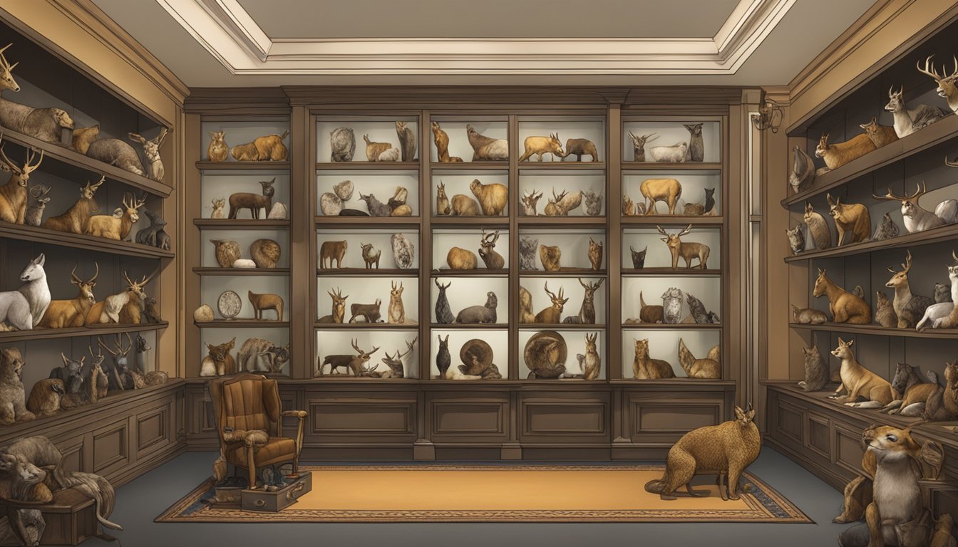 A trophy room with shelves displaying a variety of hunting trophies from different cultures, including taxidermy animals, antlers, and mounted heads