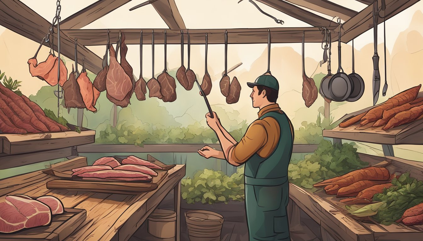 A hunter hanging game meat to dry in a smokehouse, surrounded by herbs and spices